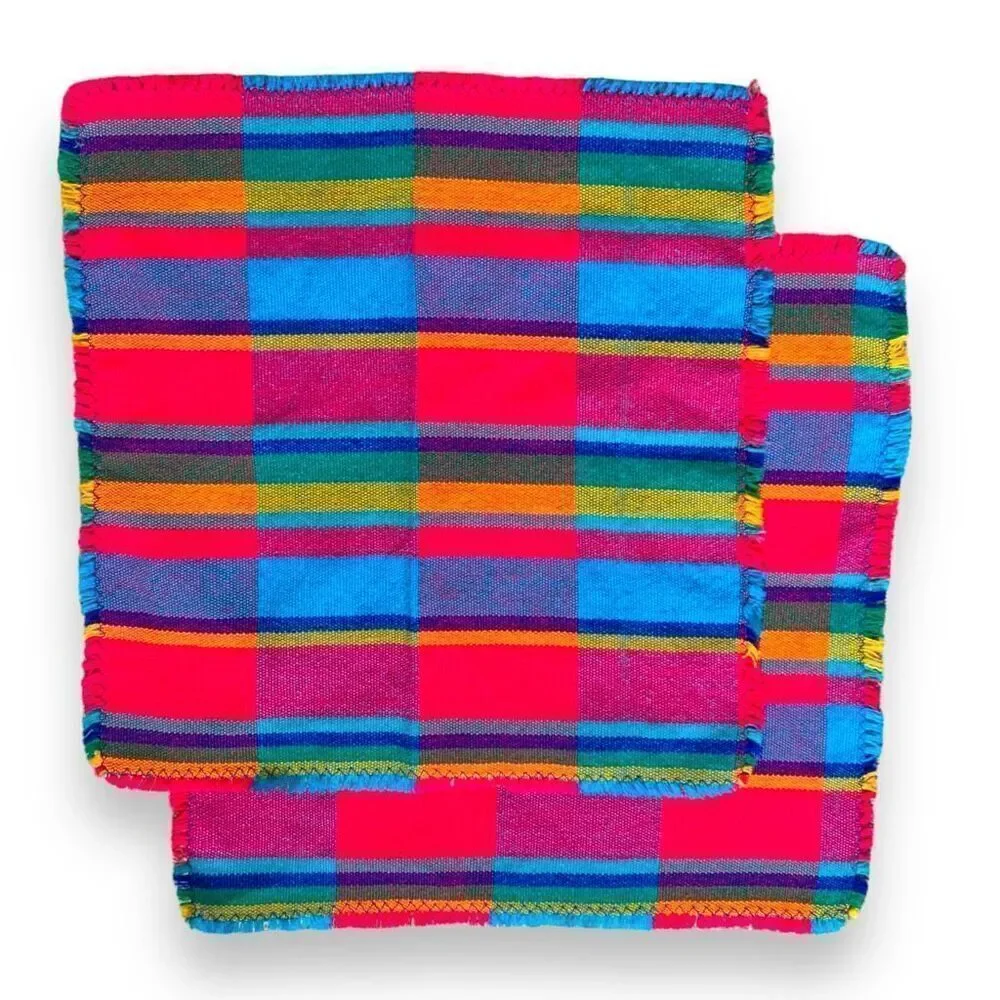 Vintage Placemats Colorful Rainbow Madras Plaid‎ Woven Fringe Border Set Of Six